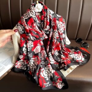 Royal Bloom Satin Scarf – Red & Black